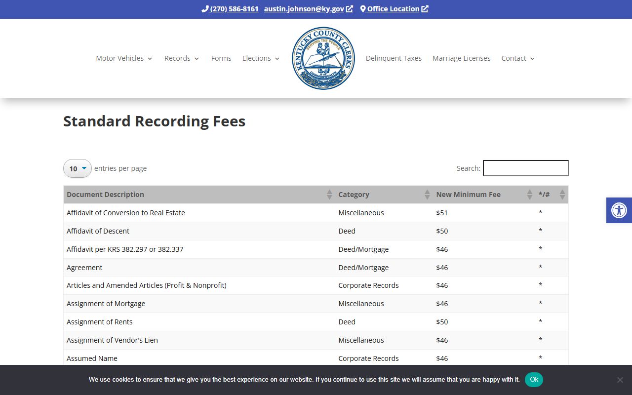 Simpson County marriage and divorce records recording fee page