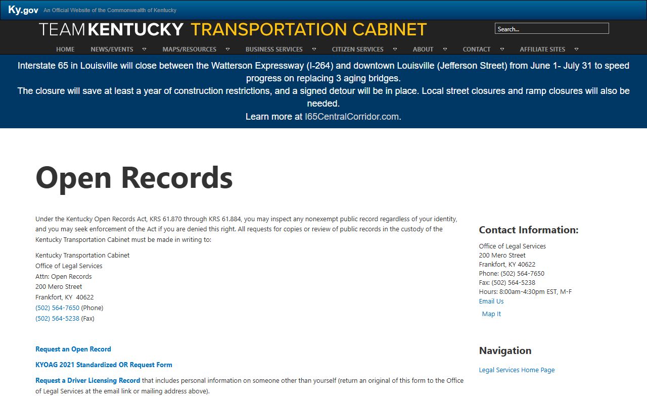 Simpson County traffic court records KYTC open records page